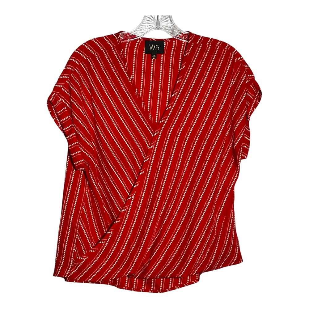 W5 Red‎ Blouse Medium Striped Short Sleeve V-Neck Wrap Casual Top